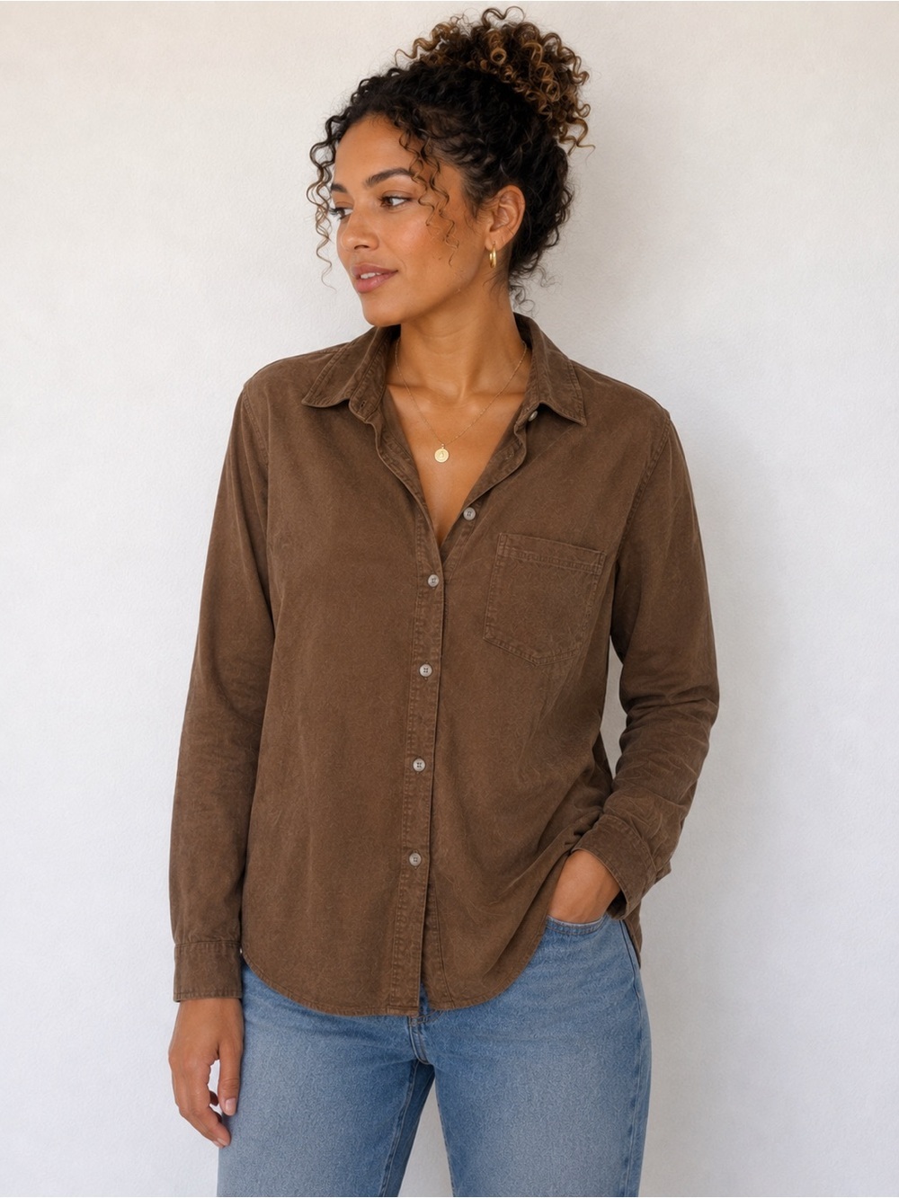 Max Studio Brown Faux Suede Button Up Blouse Boho Western Soft XS Top
